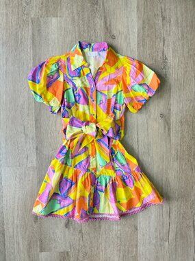 ALIVIA Multi Color Puff Sleeve Mini Button Front Shirt Dress w/ Belt SMALL